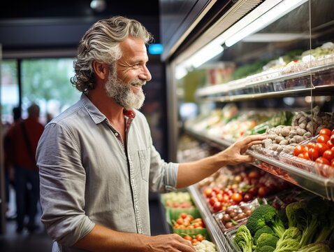 Mature man shopping in grocery store. Side view choosing fresh fruits and vegetables in supermarket. Shopping concept