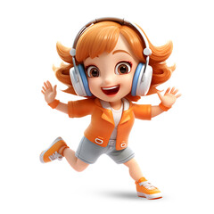 Cute 3D girl character wearing headphones and dancing with happiness