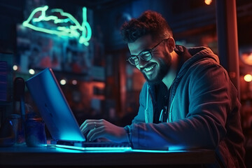 Generative ai collage photo of professional it specialist using device writing code computer network maintenance