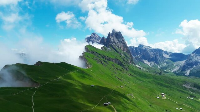 Aerial footage of Seceda in South Tyrol, Dolomites, Italy