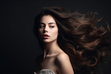 Portrait of Beautiful Brunette Woman with Long Wavy Hair. Hair Flying in the Wind, generative Ai
