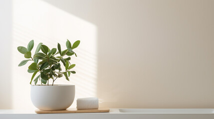 A close up of the minimalist plant in the corner in a minimalist bathroom that is both comfortable and relaxing.