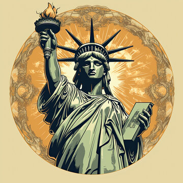 estatua de la libertad con antorcha encendida sobre fondo marr&oacute;n con dibujo abstracto, ilustracion de ia generativa