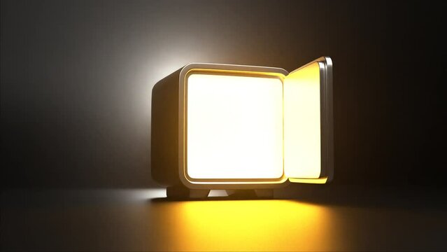 Bank safe with opening steel door and golden light inside, perspective view. Metal vault box for money storage in empty dark room. Vault with lock and handle. 