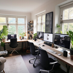 Home office, 2 huge desks and 2 huge computers, house plants, black and white theme, windows.