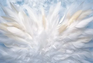 Gordijnen Beautiful Soft and Light White Fluffy Feathers with blue background. Abstract. Heavenly Dreamy Fluffy Colorful Sky. Swan Feather © Bulder Creative