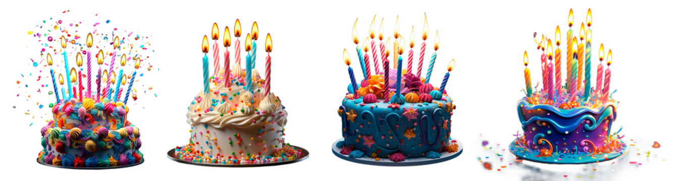 collection of 3d rendering cartoon birthday cake with candles. Isolated on transparent background