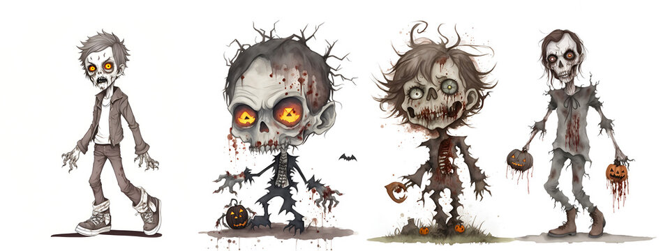 Set of Cartoon zombies character design with scary face expression. Halloween illustration isolated on white. Party poster design, halloween zombie concept. Halloween banner Illustration style.
