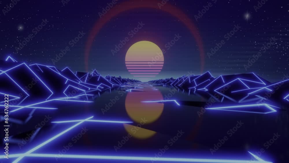 Poster synthwave sunset. animated background. 80s sun. wireframe landscape. retro future perspective grid. 