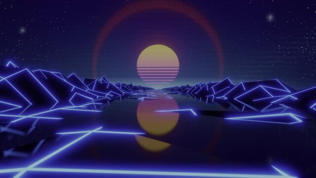 Synthwave Sunset. Animated Background. 80s Sun. Wireframe Landscape. Retro Future Perspective Grid. Retrowave Style. Sci-fi Abstract Backdrop. 3d render. Seamless loop