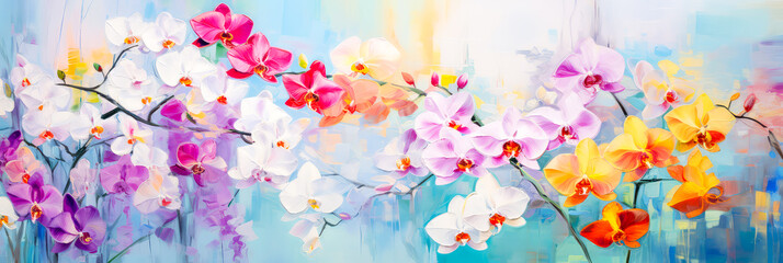 Obraz na płótnie Canvas Bunte Orchideen, Ölfarben auf Leinwand. Generiert mit KI