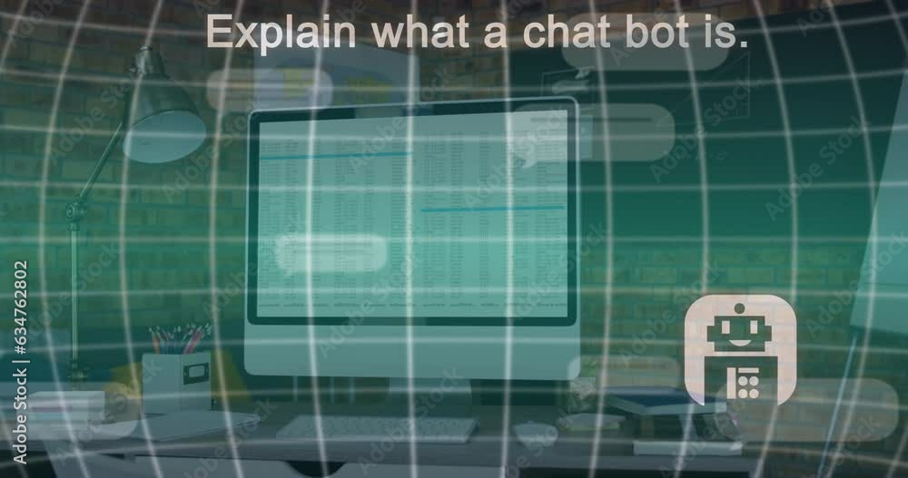 Poster animation of ai data processing and icons over computer screen
