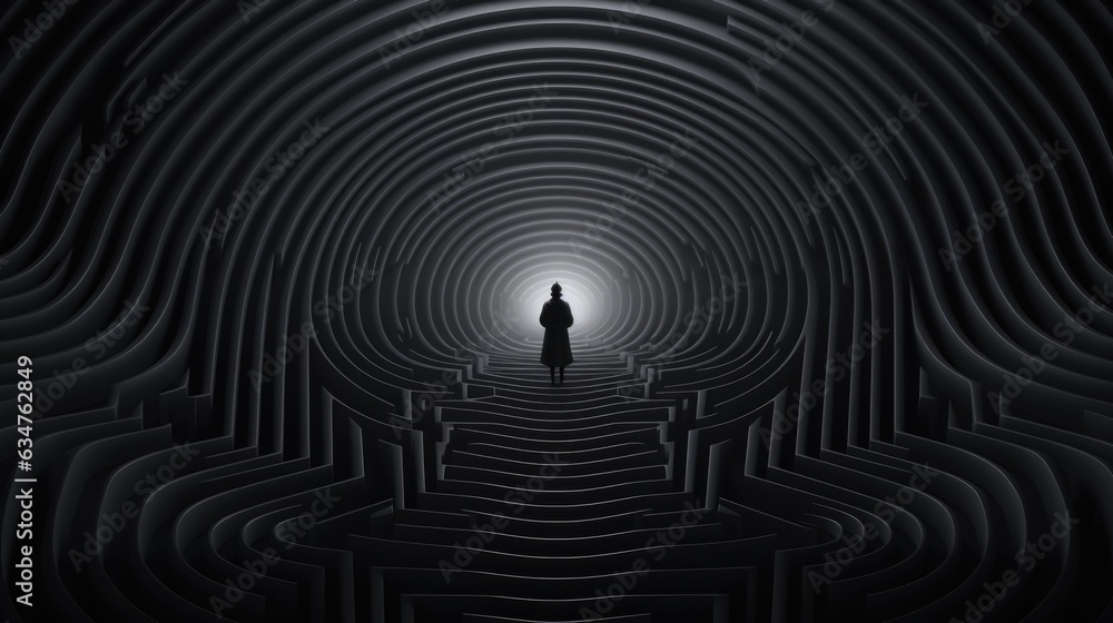 Poster a person standing in the middle of a dark tunnel. generative ai image.