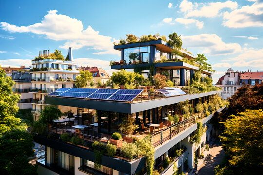 Multi-story townhouse with lots of vegetation, bushes and trees and a solar system, green buildings in the city, made with generative ai