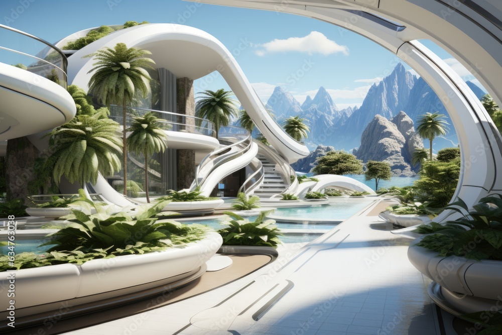 Aufkleber a futuristic house with a pool and palm trees. generative ai image.