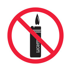 Forbidden lighter vector icon. Warning, caution, attention, restriction, label, ban, danger. No flame flat sign design pictogram symbol. No fire icon