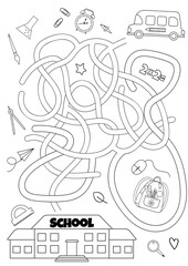 Vector maze isolated on white background. Help the school bus get to school. Education logic game labyrinth for kids. With the solution.