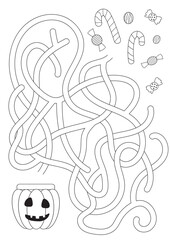 Vector maze isolated on white background. Help the candies find the pot for sweets on Halloween. Education logic game labyrinth for kids. With the solution.