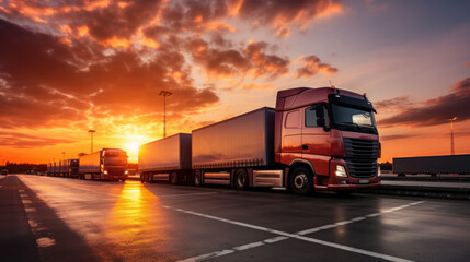 Fototapeta na wymiar Trucks at a truck stop at dramatic sunset.