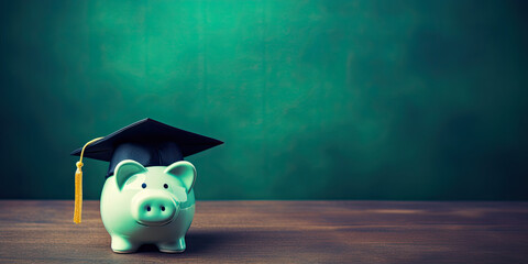 Green piggy bank wearing graduation hat in front of green chalkboard with copy space. Scholarship savings concept background.