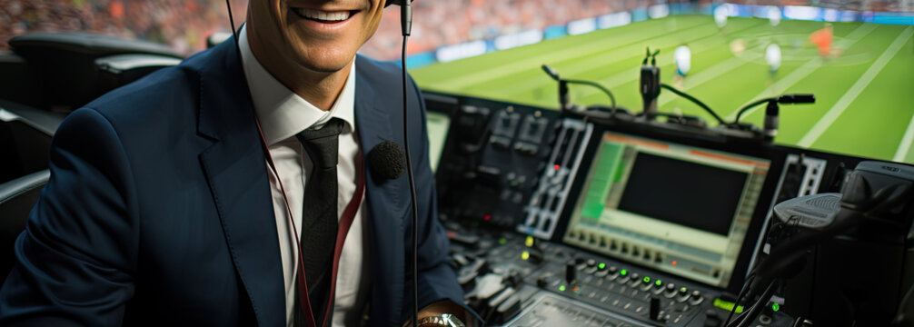 a sports commentator in a large soccer stadium comments on a sporting event.