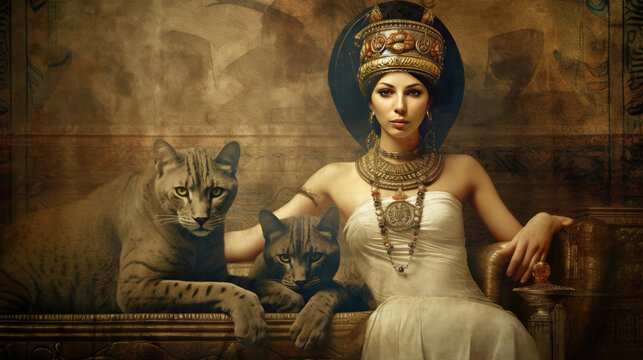 Old Paper With Egyptian Queen Cleopatra and Sphinx. Generative Ai