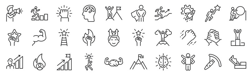 Set of 30 outline icons related to motivation. Linear icon collection. Editable stroke. Vector illustration - 634765080
