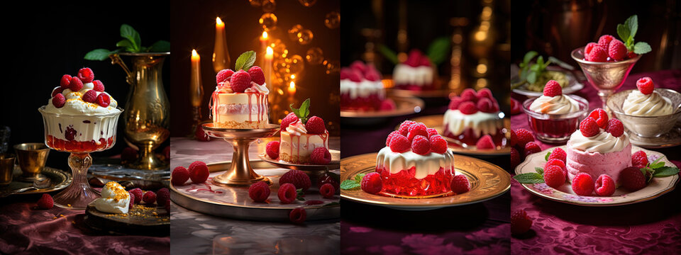 close up raspberry shortcake in romantic atmosphere vertical background set in 4 picture, Generative Ai