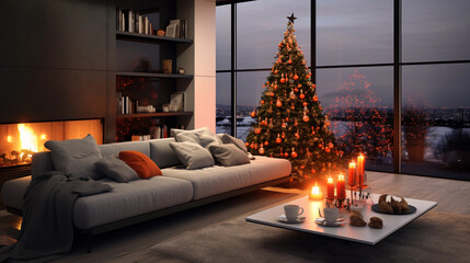 Chic Holiday Haven: Christmas Tree and Decor in a Cozy Living Room