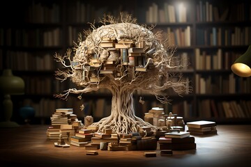 Brain-Tree of Knowledge: Mystic Mechanisms in Stacked Books Artwork , International Literacy Day