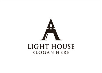 light house logo icon water sea wave concept a letter logo design