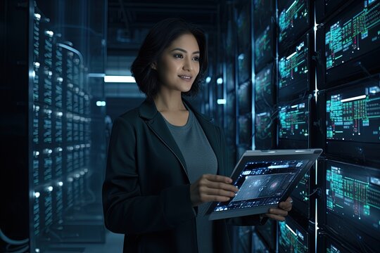 Collection and storage of large amounts of data. A young Asian woman stands in a server room with a tablet PC, controls the smooth operation of all servers.