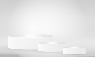 White realistic 3d cylinder pedestal podium with pastel in semi circle backdrop. Abstract vector rendering geometric platform. Product display presentation. Minimal scene.