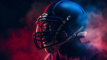 American football player on a dark background in smoke and neon light in black background.