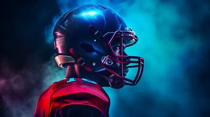 American football player on a dark background in smoke and neon light in black background.