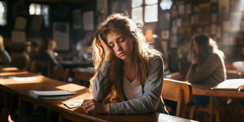 Sad and worried teenage girl sitting in a high school classroom