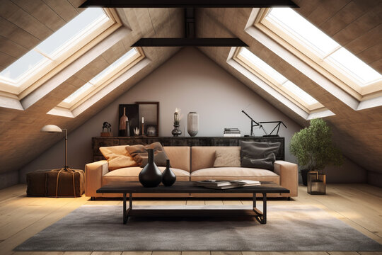 Modern interior design Triangle attic room in modern vintage style