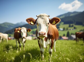 Fototapeta na wymiar Thoroughbred cows graze on a green meadow
