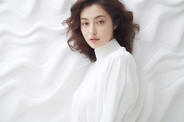 a beautiful korean woman is wearing white fabric shirt