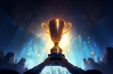hands holding golden trophy close up