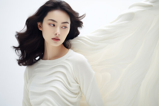 a beautiful korean woman is wearing white fabric shirt
