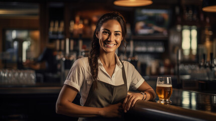 Fototapeta na wymiar smart female bartender serving craft beer at the bar