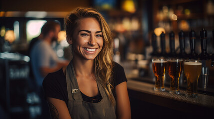 smart female bartender serving craft beer at the bar