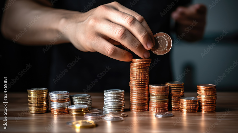 Poster mhand put coins to stack of coins on dark background. created with generative ai technology.