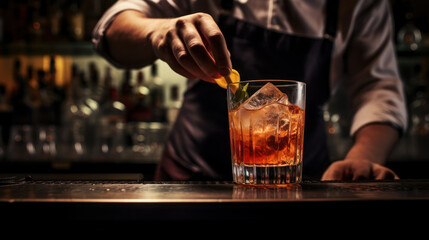 Professional bartender in black apron pours drink from shaker into glass