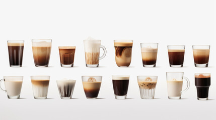 Different coffee glasses in a row on a white background. Created with Generative AI technology.
