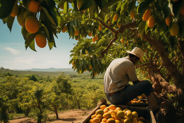 Farmer picking up mangoes in a field. Harvesting and agricultural concept - obrazy, fototapety, plakaty