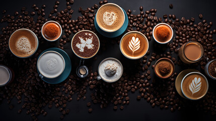 Set of cups of different coffee isolated on white background, top view. Created with Generative AI technology.
