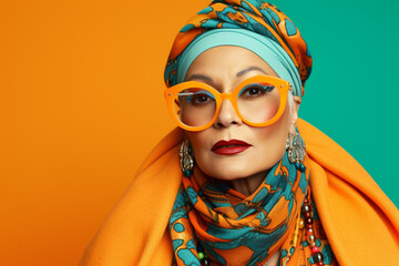 a woman wearing glasses and a turban is posing on a colorful background