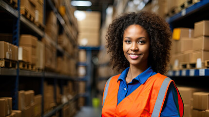 african american woman warehouse worker in a warehouse, smiling, logistics and storage distribution concept, job, black female